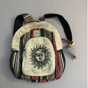 Pure Hemp Mini Backpack Sun Face Baja Stripe Woven Boho Bag Handmade Nepal